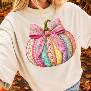 Preppy Patchwork Pumpkin PNG, Boho Pumpkin Fall Png, Cute Fall Pumkin With Bow Design, Girly Autumn Sublimation