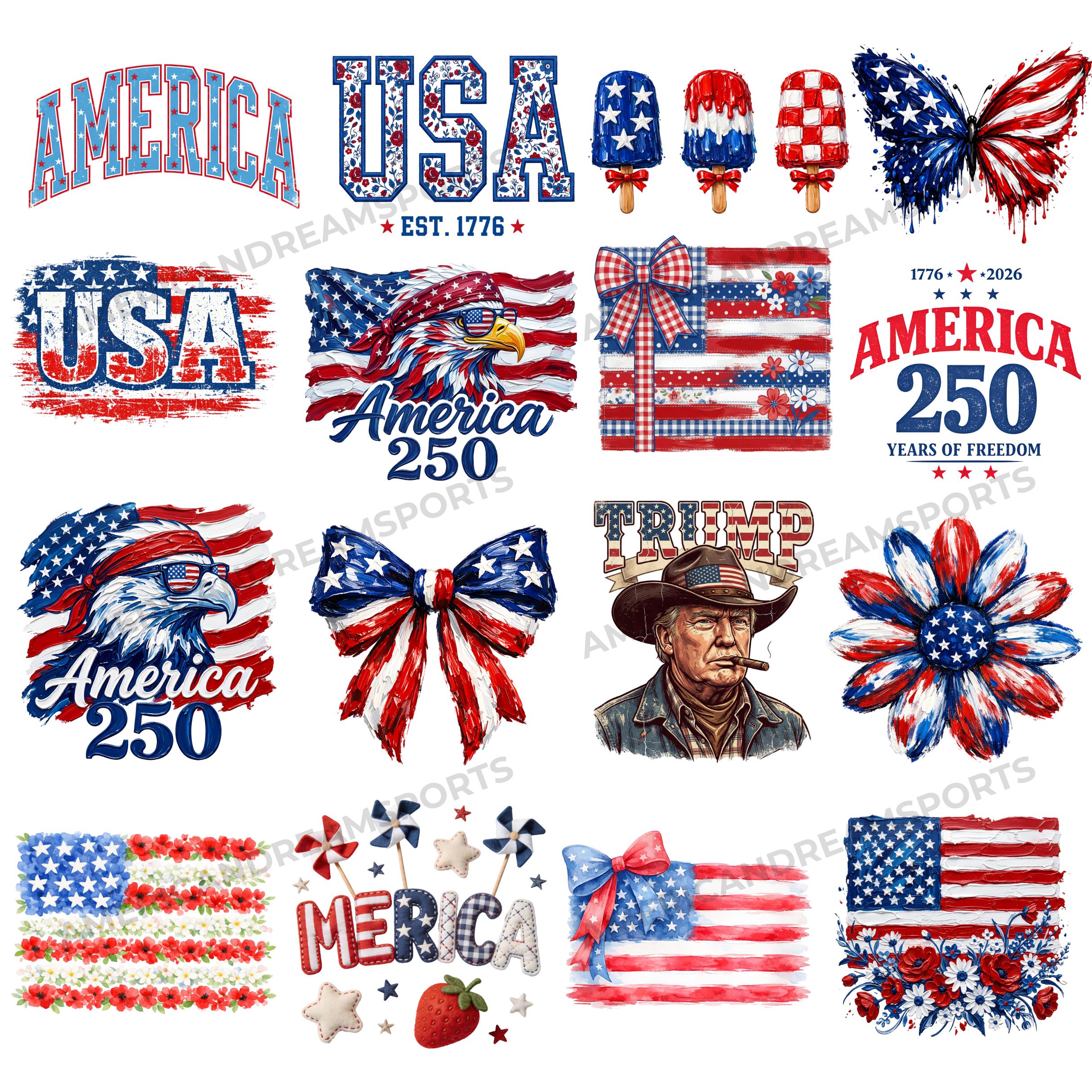4th of July Png Bundle, Watercolor Patchwork Png, Trendy Patriotic Flag ...