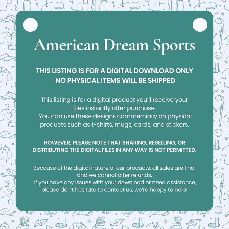May include: A teal-colored graphic with the text "American Dream Sports." The text below states this listing is for a digital download only, and no physical items will be shipped. The design can be used on t-shirts, mugs, cards, and stickers.