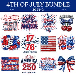 May include: A collection of patriotic designs for the 4th of July, featuring the American flag, the Statue of Liberty, and the words "America" and "USA" in various styles. Includes images of cherries, bows, and fireworks.