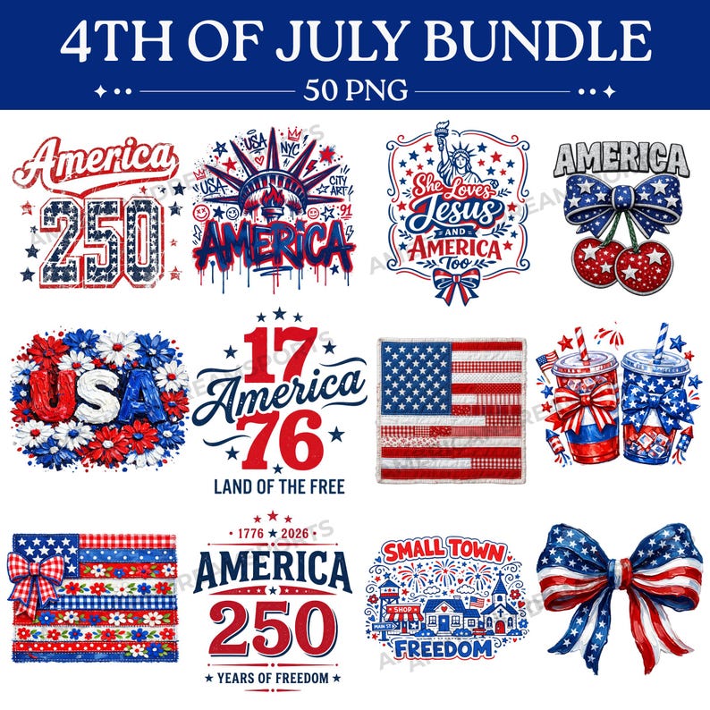 4th of July Png Bundle, Watercolor Patchwork Png, Trendy Patriotic Flag ...