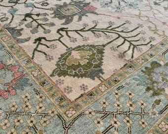 Hand Knotted  Pastel oushak rug | Blush pink Floral Turkish Style Area carpet