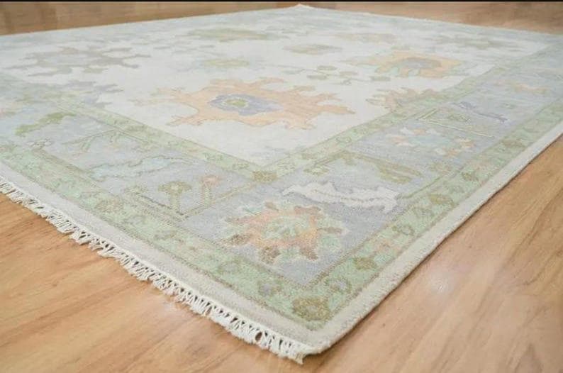 Light Neutral Rug Handmade Neutral Oushak Wool Rug, Green Vintage Floral Pastel Carpet ...
