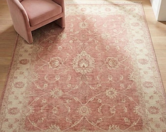 Tappeto Oushak rosa pastello cipria/ Tappeto vintage turco annodato a mano con motivo floreale, tappeto in lana effetto invecchiato, tappeto per camera da letto e soggiorno
