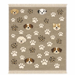 May include: A rectangular area rug with a tan background, featuring various dog faces and paw prints. The rug has a fringed edge and includes images of different dog breeds and leopard print paw prints.