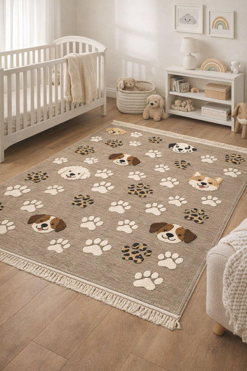 Handmade Wool Area Rug | Dog Paw Print Nursery Decor Pet Theme| Kids ...