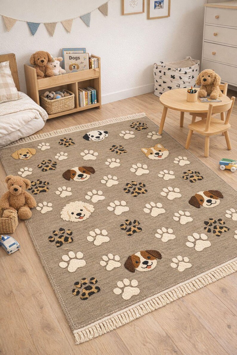 Handmade Wool Area Rug | Dog Paw Print Nursery Decor Pet Theme| Kids ...