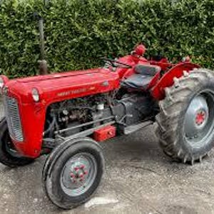 Op de afbeelding: Een vintage rode Massey Ferguson tractor met grote grijze banden. De tractor heeft een zwarte motor en uitlaatpijp. De voorkant van de tractor heeft een zilveren grille en de woorden "Massey Ferguson" zijn zichtbaar op de motorkap.