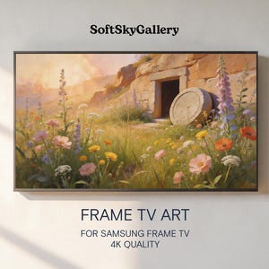 Può includere: Stampa artistica digitale incorniciata per Samsung Frame TV. L'opera raffigura un paesaggio sereno con una struttura in pietra, fiori selvatici e una luce calda e dorata. Il testo "SoftSkyGallery" è in alto.