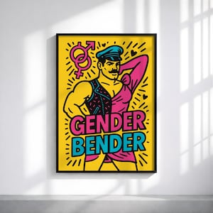 May include: A framed pop art print with a yellow background and a stylized illustration of a person in a leather vest and pink dress. The text "GENDER BENDER" is prominently displayed in bold, colorful letters.