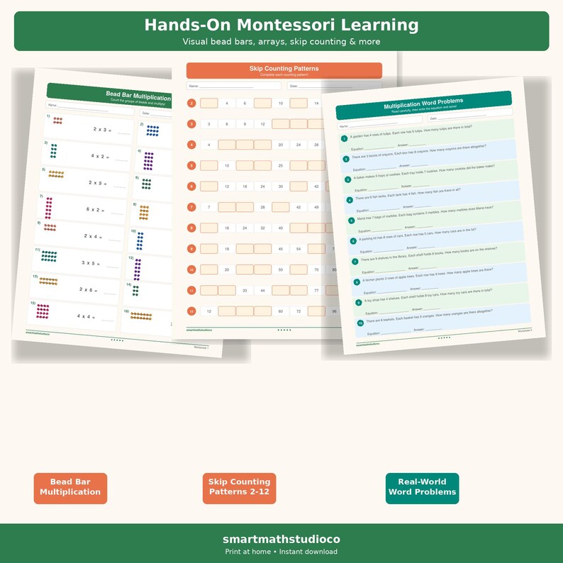 Montessori Multiplication Worksheets Bundle: Nature Edition Math ...