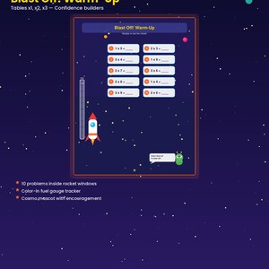 Può includere: Una pagina di un quaderno di matematica intitolata "Blast Off! Warm-Up". La pagina presenta problemi di moltiplicazione, una grafica a razzo e un indicatore del carburante. Lo sfondo è un cielo stellato con il testo "Smart Math Studio".