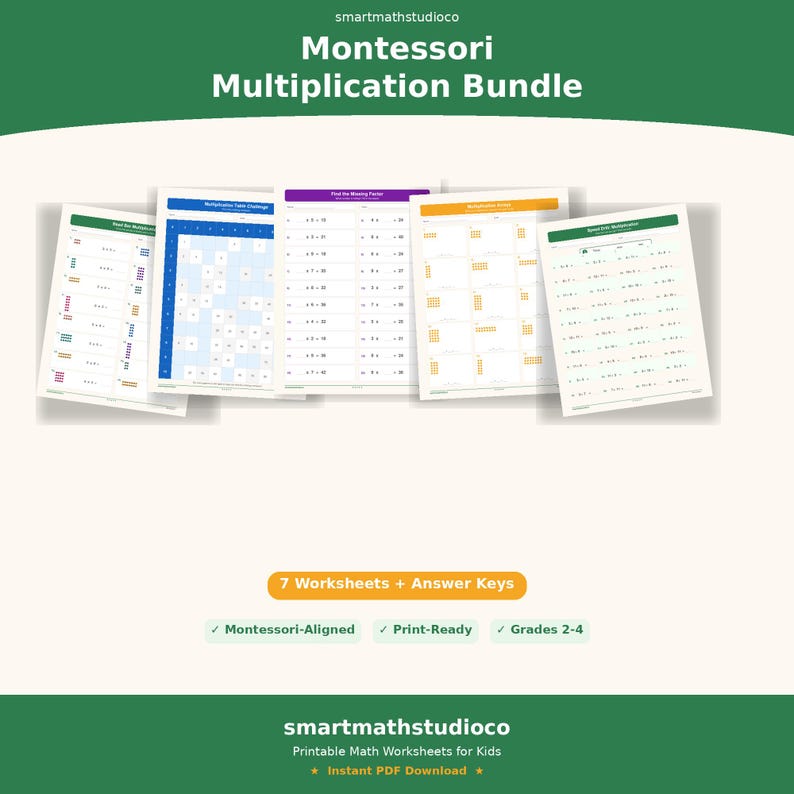 Montessori Multiplication Worksheets Bundle: Nature Edition Math ...