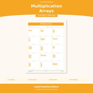 Könnte beinhalten: Ein weißes Arbeitsblatt mit dem Titel "Multiplikationsarrays" mit 15 Punktarrays und einem Antwortschlüssel. Das Arbeitsblatt hat eine hellorangefarbene Kopf- und Fußzeile mit dem Text "smartmathstudioco" und "Printable Math Worksheet for Kids".