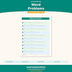 Op de afbeelding: Een afdrukbaar wiskundewoordenblad voor kinderen met de titel "Word Problems" en de tekst "Multiplication Word Problems". Het bevat 10 real-world problemen en een antwoordsleutel. Het ontwerp is printklaar en direct als PDF te downloaden.