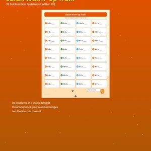 May include: A worksheet titled "Safari Warm-Up Trail!" with 32 subtraction problems within 10. The worksheet features a grid of problems with colorful animal-paw number badges and a lion cub mascot. The background is orange.