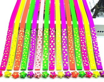 Papel plegable de origami con forma de estrella de la suerte, trébol y corazón en relieve, colores fluorescentes (paquete de 80 tiras)