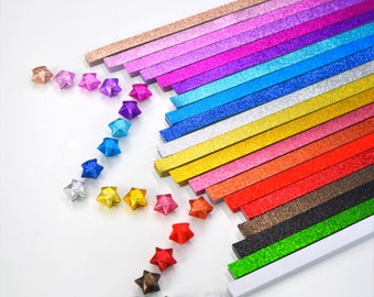 Tiras de papel de origami con purpurina y diseño de estrella de la suerte, arcoíris multicolor para manualidades - Paquete de 80 tiras