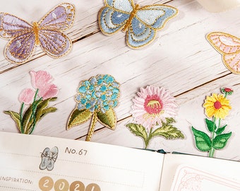 Flower Butterfly Embroidered Patches Self Adhesive Applique Chrysanthemum Hydrangea Tulip Shoes Backpack Decorating Clothes Accessory