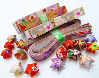 Washi Chiyogami Origami Lucky Star papieren strips, gesorteerd ontwerp - verpakking van 50 strips