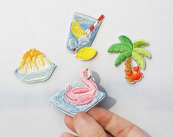 Cool Summer Embroidered Patches Water Ice Coconut Tree Beach Shorts Beverage Self Adhesive Patch Applique Shoes Backpack Decorating