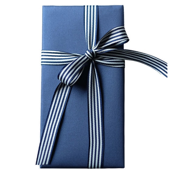 Edunass Wrapping Paper Flat Sheets, Blue Gift Wrapping Paper Set with Sticker Ribbon, Men Gift Wrap Birthday Wrapping Paper with Navy Blue and Gold Stripes