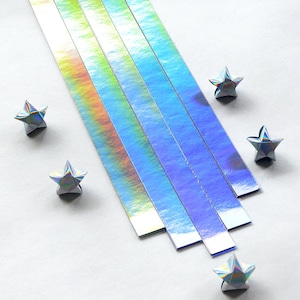 Strisce di carta origami Lucky Star argentate iridescenti tagliate a mano, piegatura a stella fai da te