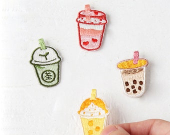 Bubble Tea Embroidered Patches Beverage Sticker Self Adhesive Applique Shoes Backpack Decorative