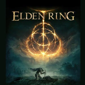 Puede incluir: La imagen presenta el título "ELDEN RING" en letras doradas sobre un diseño de anillo dorado brillante e intrincado. Debajo, una figura arrodillada con una espada en un paisaje oscuro y atmosférico con montañas y un cielo nublado.