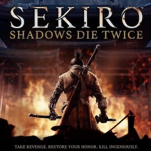 May include: The video game cover art for "Sekiro: Shadows Die Twice" features a warrior in a brown coat, holding two swords, facing away from the viewer. The title is in white, with the tagline "Shadows Die Twice" below. The background shows a burning structure.