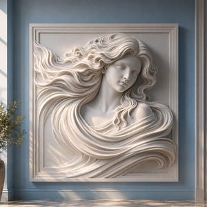 Plik STL z płaskorzeźbą kobiety do druku 3D, panel ścienny z falującymi włosami, dekoracja FDM w formie płaskorzeźby, 3 rozmiary: 20-30-40 cm, pobieranie cyfrowe