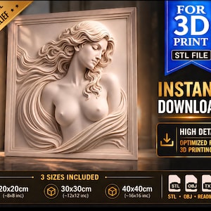 Könnte beinhalten: Cremefarbene 3D-Reliefskulptur einer Frau mit fließendem Haar und drapiertem Stoff. Das Kunstwerk ist gerahmt und in drei Größen erhältlich: 20x20cm, 30x30cm und 40x40cm. Das Bild enthält den Text "FOR 3D PRINT STL FILE" und "INSTANT DOWNLOAD".