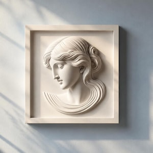 Radial Arc Side Profile Spiral Bun Bust STL for 3D Printing, Square Panel Relief Wall Art, FDM Decor, 3 Sizes 20-30-40cm, Digital Download