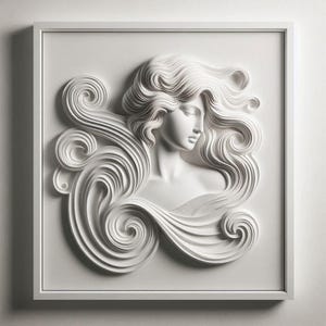 May include: A white relief sculpture of a woman's face and flowing hair, framed in a white square. The artwork features detailed, layered paper or plaster, creating a 3D effect. The woman's gaze is downward, and the hair swirls around her.