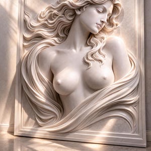 May include: A white marble relief sculpture of a woman with flowing hair and a draped garment. The sculpture is framed and set against a neutral background, with soft lighting enhancing the details of the carving.