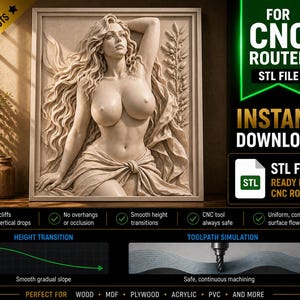 Puede incluir: Escultura en relieve beige de una mujer desnuda con cabello largo y ondeado, enmarcada en un borde rectangular. La imagen incluye texto: "FOR CNC ROUTER STL FILE INSTANT DOWNLOAD STL FILE READY FOR CNC ROUTER". La escultura está diseñada para el enrutamiento CNC.