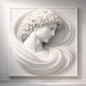 Può includere: Scultura a rilievo bianca di un busto classico incorniciato. La figura, con capelli ricci, è drappeggiata in tessuto fluido. Lo sfondo bianco mette in risalto la scultura.