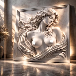 以下が含まれることがあります： 白い浮き彫りの彫刻で、髪がなびき、布がドレープされた女性が描かれています。アートワークは額装されており、壁に立てかけられています。女性の目は閉じられており、彫刻は暖かい光で照らされています。