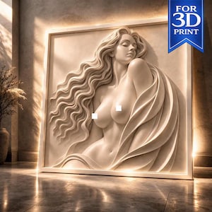 May include: A 3D print of a classical sculpture of a woman with long, flowing hair and draped fabric. The artwork is in a rectangular frame with the text "FOR 3D PRINT" in a blue banner.