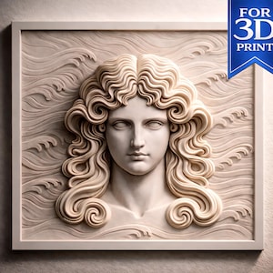 Escultura en relieve con panel rectangular y busto frontal con patrón de ondas (descarga digital)