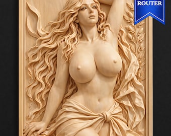 Peut inclure: Un bas-relief rectangulaire en bois clair représentant une silhouette aux longs cheveux ondulés, un bras levé, avec un drapé autour de la taille. Une branche feuillue verticale est sur la droite. Le texte FOR CNC ROUTER est sur une bannière bleue.
