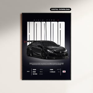 May include: Black Honda Civic Type R digital art print. The poster features a black car with a spoiler, the text "HONDA" in large white letters, and performance specifications. The top speed is 275 km/h.