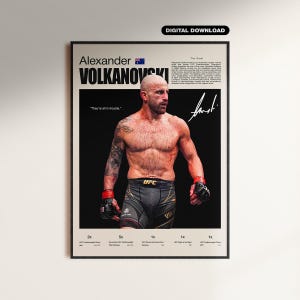 May include: A framed poster featuring Alexander Volkanovski, a UFC fighter, with the text "DIGITAL DOWNLOAD" at the top. The poster includes the fighter's name, a signature, and UFC logos. The fighter is shown in a fighting stance.