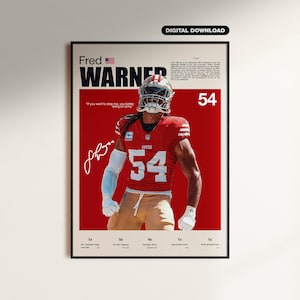 Puede incluir: Un póster digital descargable enmarcado con Fred Warner, un jugador de fútbol americano, con un uniforme rojo y dorado con el número 54. El póster incluye el texto "Fred Warner" y una cita, con las palabras "DESCARGA DIGITAL" en la parte superior.