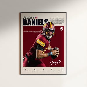 May include: A vertical sports poster featuring Jayden Daniels in a burgundy and gold football uniform with a helmet, holding a football. The design includes the text 'Jayden DANIELS', the number '5', a quote, a signature, and career statistics.
