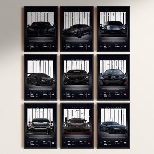May include: Nine framed black and white car posters. Each poster showcases a different car model, such as Bugatti, Chevrolet, Honda, and Nissan. The car names are in large white text at the top, with technical details below. The posters are arranged in a grid.
