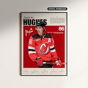 Puede incluir: Un póster enmarcado con Jack Hughes con una camiseta de hockey roja y negra con el número 86. El póster incluye el texto "Jack Hughes" y "Digital Download". El fondo es rojo.