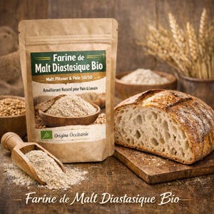 Op de afbeelding: Een bruine papieren zak met "Farine de Malt Diastasique Bio" staat naast een brood op een houten oppervlak. De zak heeft groene en witte tekst. Een houten schep en kommen met granen zijn ook aanwezig.