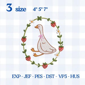 May include: An embroidered design featuring a goose with a pink bow, surrounded by a wreath of strawberries and flowers. The design is available in three sizes: 4", 5", and 7". The text "3 size" and file formats are also included.
