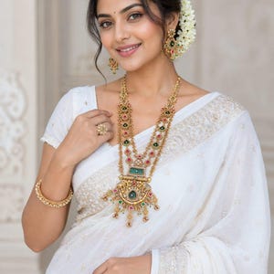 Conjunto de joias Kundan Haar, banhado a ouro antigo, com pedras de rubi verde, colar e brincos para noivas.